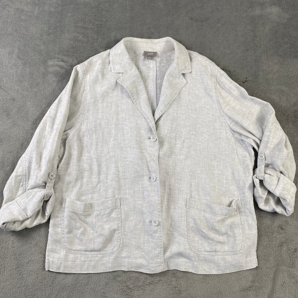 J. Jill Linen Blazer Women L Gray Roll Tab Sleeve Casual Jacket Lagenlook 127120